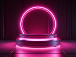 3d rendering of a glowing futuristic neon minimal pink cyberpunk podium on a dark background for gaming