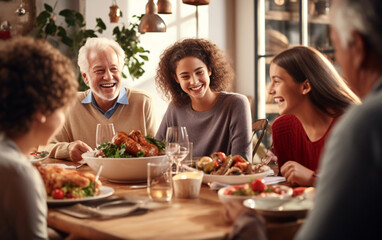 Family Christmas dinner, large family of different generations together at the table having dinner and having fun, Merry Christmas concept