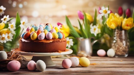 Easter cake along with multi-colored painted eggs. Traditional Easter spring food on wooden background - obrazy, fototapety, plakaty