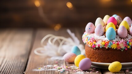 Obraz na płótnie Canvas Easter cake along with multi-colored painted eggs. Traditional Easter spring food on wooden background