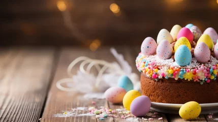 Fotobehang Easter cake along with multi-colored painted eggs. Traditional Easter spring food on wooden background © Daniil