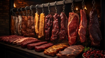 Various meats hanging on a line in a market or butch - obrazy, fototapety, plakaty