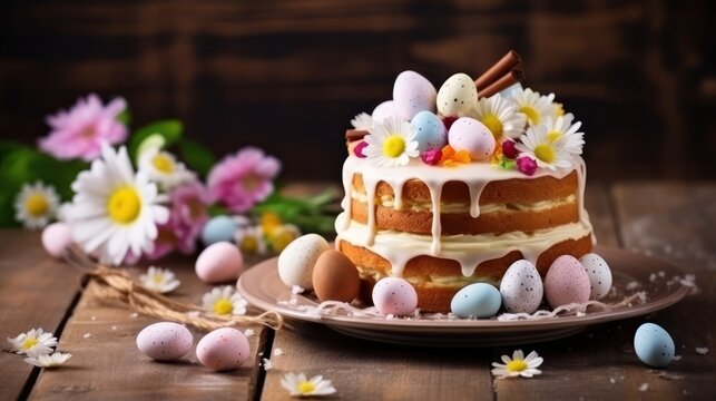 Easter cake along with multi-colored painted eggs. Traditional Easter spring food on wooden background - Powered by Adobe