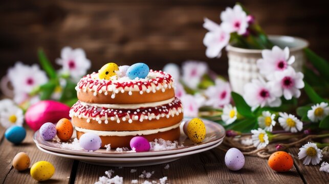Easter cake along with multi-colored painted eggs. Traditional Easter spring food on wooden background