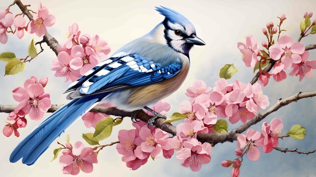 watercolor blue jay perched on a tree
