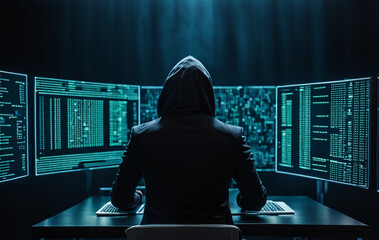 The hacker is working on a computer in black clothes, the face is not visible	
