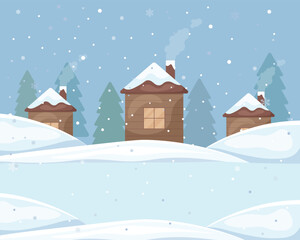 Fototapeta na wymiar Winter landscape. The image of houses in the snow, against the background of Christmas trees and snowfall. Cozy houses in the snow. Snowfall in the forest. Christmas illustration. Vector