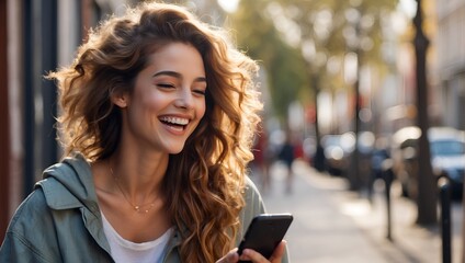 Young Beautiful Woman Laughing Looking at Phone on the Street