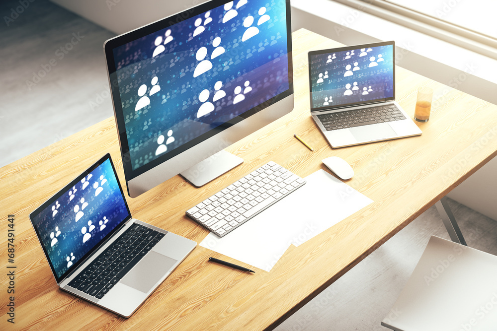 Aufkleber Modern computer monitor with social network icons concept. Marketing and promotion concept. 3D Rendering
