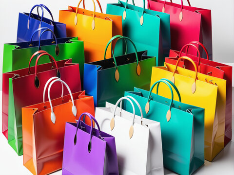 close-up of multi colored shopping bags on white background