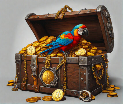 A pirate parrot sits on a treasure chest with bitcoins and gold coins. background, postcard. economic business screensaver.