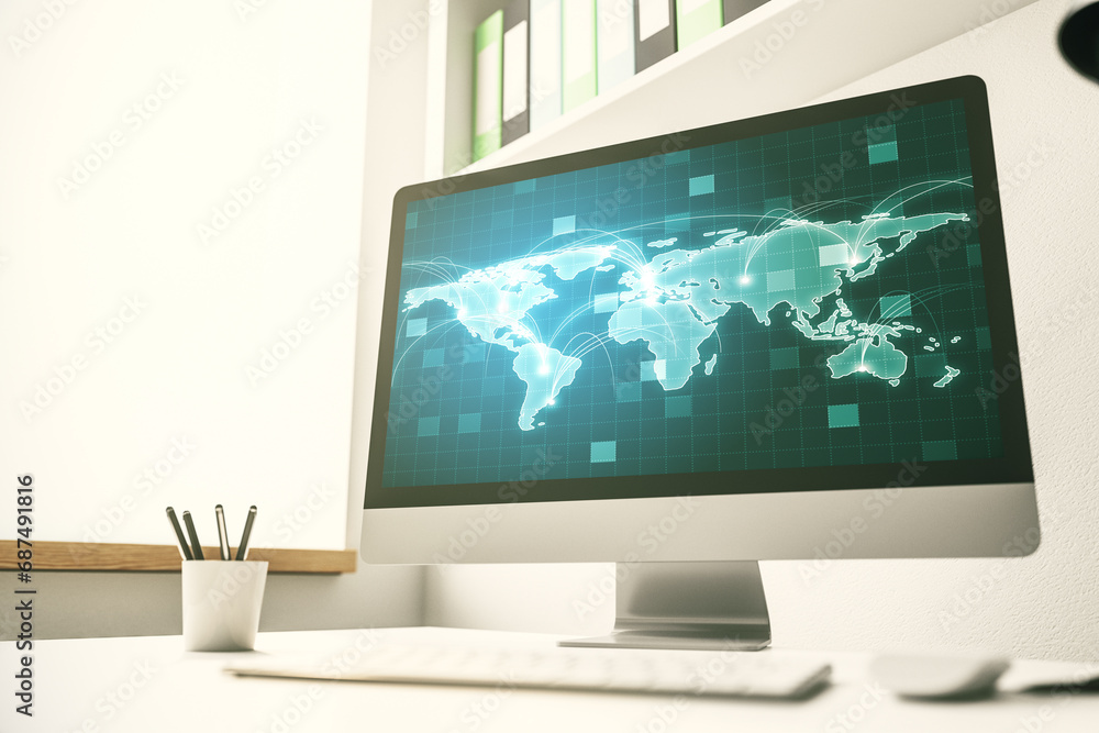 Poster computer monitor with abstract graphic digital world map with connections, globalization concept. 3d