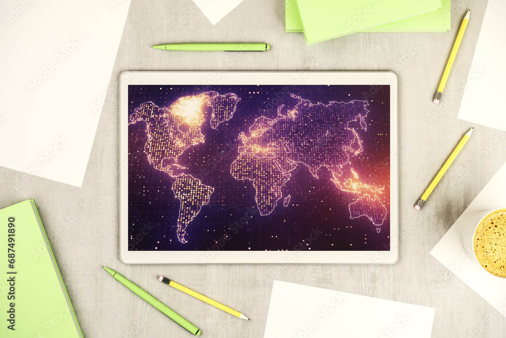 Poster top view of modern digital tablet display with abstract graphic world map, big data and networking c