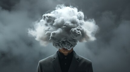 A person's head covered by a dark cloud