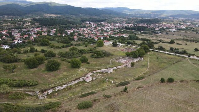 Aerial view of ruins of ancient Roman city Nicopolis ad Nestum near town of Garmen, Blagoevgrad Region, Bulgaria