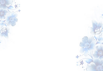 flower vine empty greeting card template, blue, white color, frame border on white background.