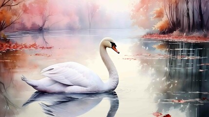watercolor of swan gliding on a lake - obrazy, fototapety, plakaty