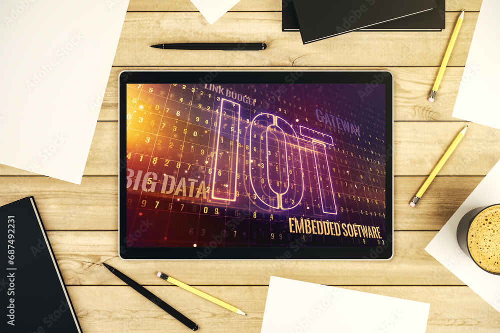 Poster creative iot hologram on modern digital tablet screen, internet of things concept. top view. 3d rend