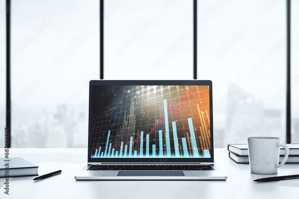 Poster abstract creative financial diagram on modern computer monitor, banking and accounting concept. 3d r