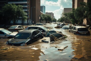 Cars submerged from hurricane. Heavy rains from hurricane Harvey caused many flooded areas. Flooded cars on the street of the city - obrazy, fototapety, plakaty