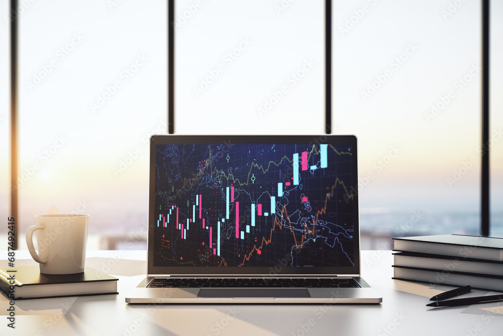 Poster modern computer monitor with abstract creative financial chart, research and strategy concept. 3d re