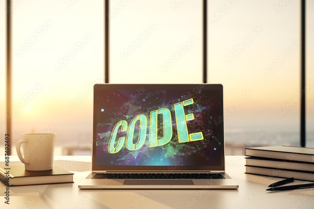 Aufkleber Creative Code word hologram on modern computer monitor, artificial intelligence and neural networks concept. 3D Rendering