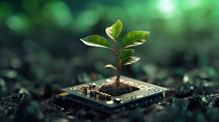 the concept of nature emerging from a computer chip, signifying new life and an eco-friendly concept that combines technology with the natural world. - obrazy, fototapety, plakaty