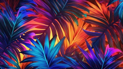 Summer neon background, cyber purple, vivid colors of lights on palm leaves. Cyberpunk tropical exotic flat lay background.
