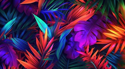 Fototapeta na wymiar Creative fluorescent color layout made of tropical leaves. Flat lay neon colors. Nature concept.