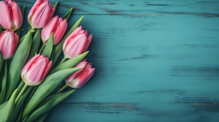 Tulip border with copy space. Beautiful frame composition of spring flowers. Bouquet of pink tulips flowers on turquoise blue vintage wooden