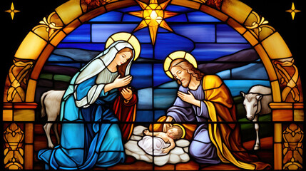 Fototapeta premium Christmas Christian religious Nativity Scene of baby Jesus with Mary, Joseph and star