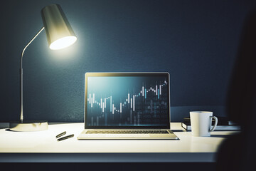 Abstract creative financial graph on modern laptop screen, forex and investment concept. 3D Rendering