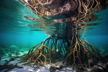Mangrove trees roots, above and below the water in the Caribbean sea