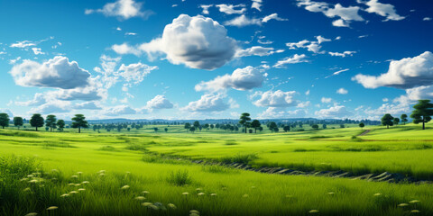 Obraz premium Expansive lush green field under a vibrant blue sky with fluffy white clouds, surrounded by a line of trees on the horizon, depicting serene and tranquil rural landscape