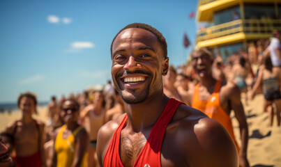 Fototapeta na wymiar Joyful African American man smiling at the camera with a lifeguard station in the background on a sunny beach filled with people enjoying a summer day
