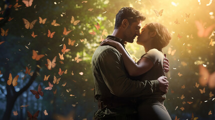 Soldier holds his beloved girl tightly, loving couple surrounded by fluttering butterflies on nature background, joy of soldier reuniting alive from war, loving family reunion after horrors of war - obrazy, fototapety, plakaty