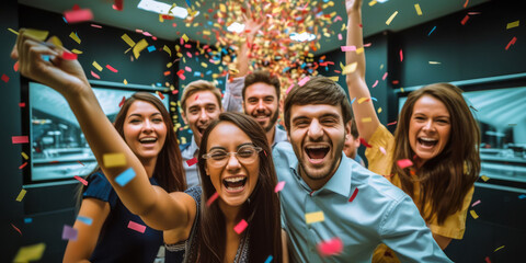 Joyful diverse group of friends or colleagues celebrating with confetti, cheering and laughing together in a festive atmosphere at a party or successful corporate event