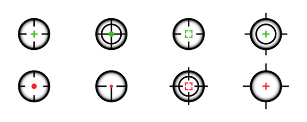 Set of target vector icons. Focus or aiming. Shot on bullseye. Sight sniper with shadow. Shot on gun.