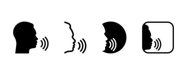 Set of man speak vector icons. Man tell black vector silhouette. Voice wave from human. Talking icon.
