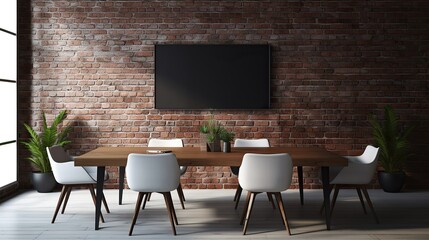 Front view of empty modern conference room with office table and chairs with dark brick cement wall, Generative AI