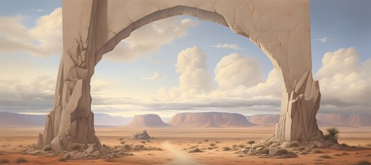 Ancient sandstone portal rift ruins gateway located in a remote part of a vast dry desert landscape - mysterious origins - lost annunaki alien technology - science fiction inspired painting.  - obrazy, fototapety, plakaty