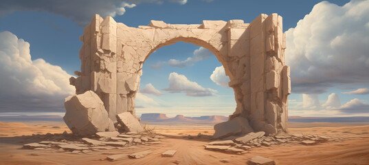 Ancient sandstone portal rift ruins gateway located in a remote part of a vast dry desert landscape - mysterious origins - lost annunaki alien technology - science fiction inspired painting. 