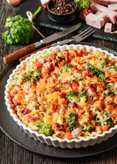 Ham Broccoli Pasta Bake with cheese and croutons