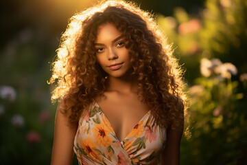 young woman with natural curly hair, in a floral summer dress