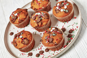 Сhristmas sweet potato muffins on plate, top view