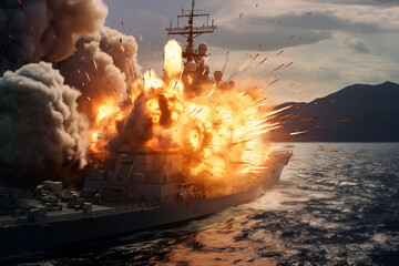 navy destroyer explodes hit by a missile big bang warship - obrazy, fototapety, plakaty