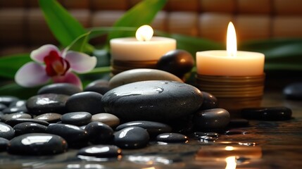 Obraz na płótnie Canvas Natural cosmetics and Beauty spa treatment with candles with stones for spa wallpaper Generative AI