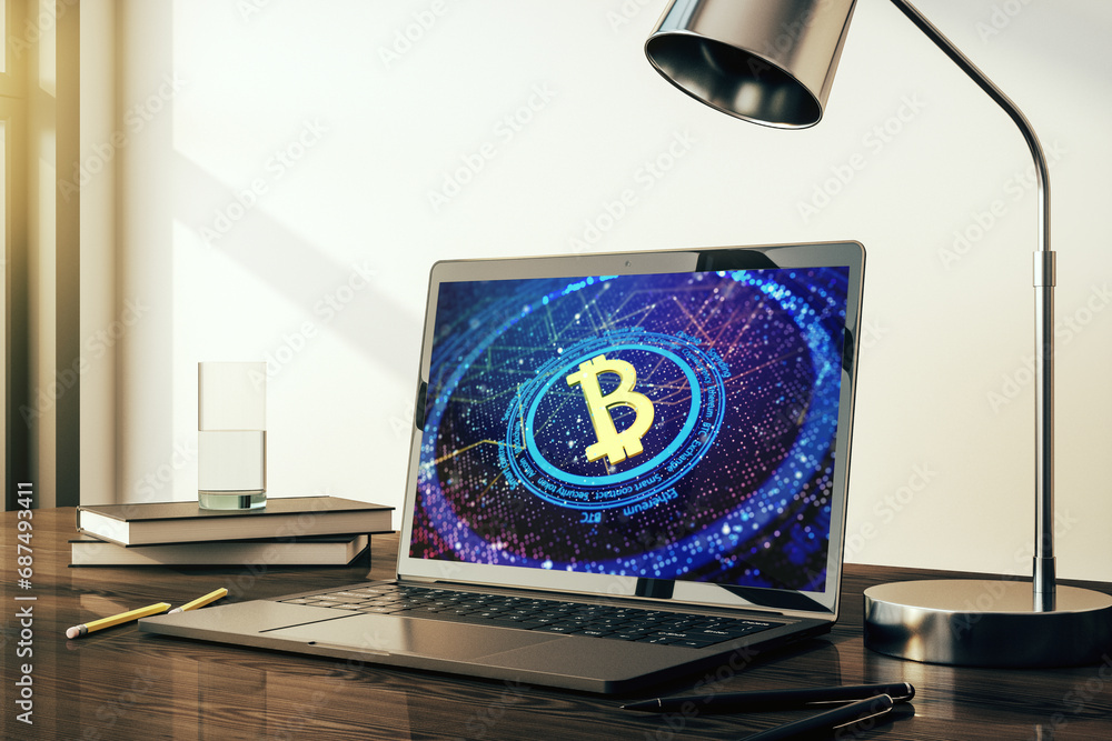 Poster modern computer monitor with creative bitcoin symbol. cryptocurrency concept. 3d rendering