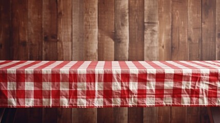 A Red Checkered Tablecloth on a Wooden Table, Set against a Wooden Background
