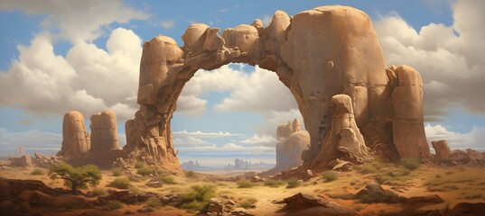 Ancient sandstone portal rift ruins gateway located in a remote part of a vast dry desert landscape - mysterious origins - lost annunaki alien technology - science fiction inspired painting. 